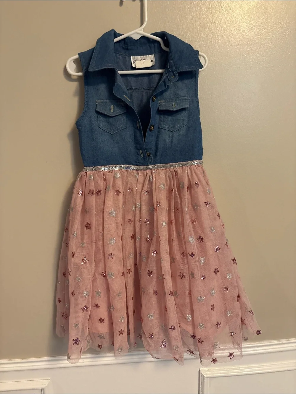Sleeveless Denim & Pink Star Tulle Dress for Girls